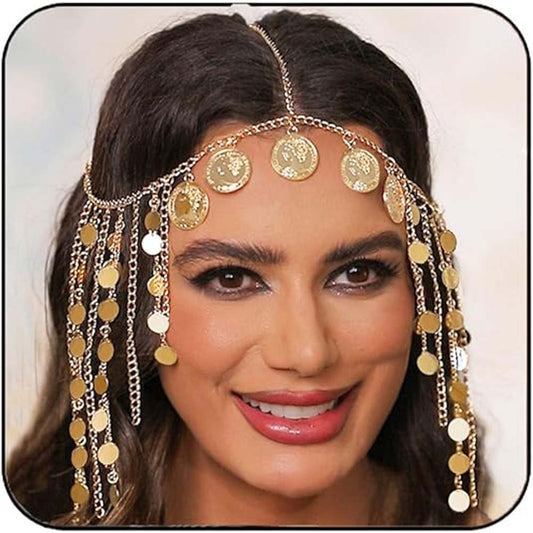 Exotic Gold Coin & Tassel Head Chain: Ancient Goddess Glamour