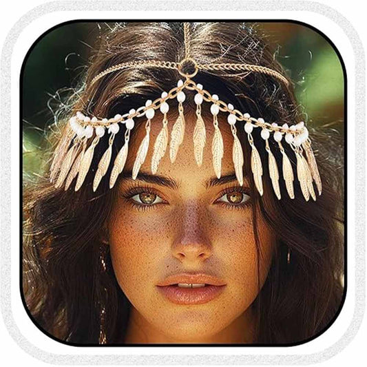 Boho Feather & Pearl Head Chain: Regal Style
