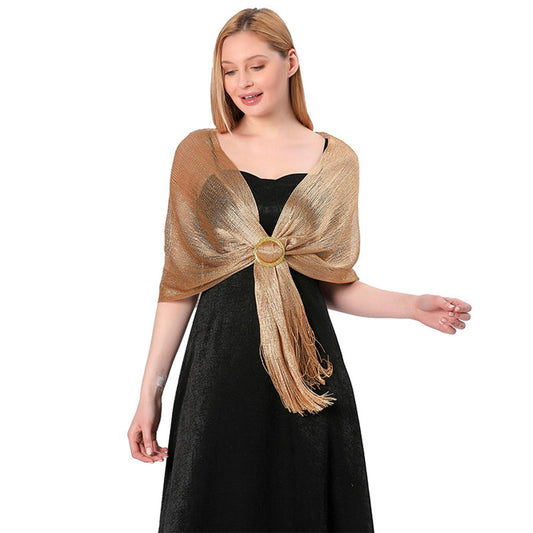 Gold Elegant Metallic Shawl with Fringe for Parties