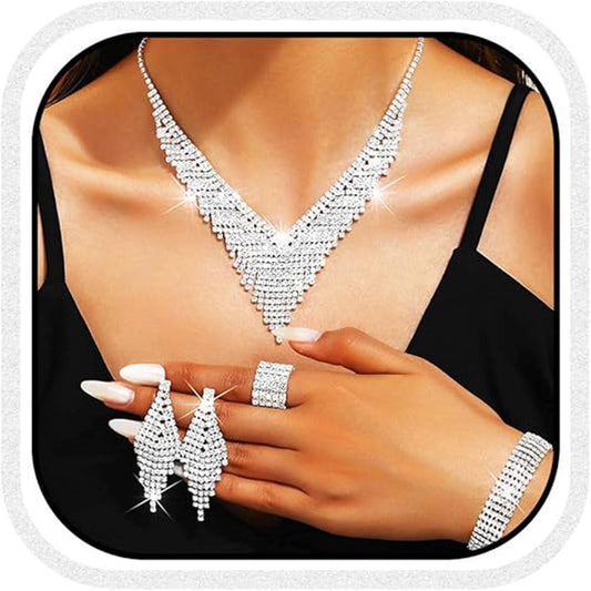 Wide V Rhinestone Necklace Set (4pc) 