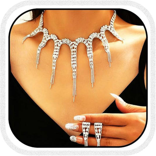 Edgy Spiked Rhinestone Necklace Earrings