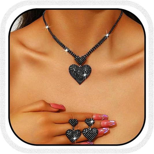 Double Heart Rhinestone Necklace Earrings