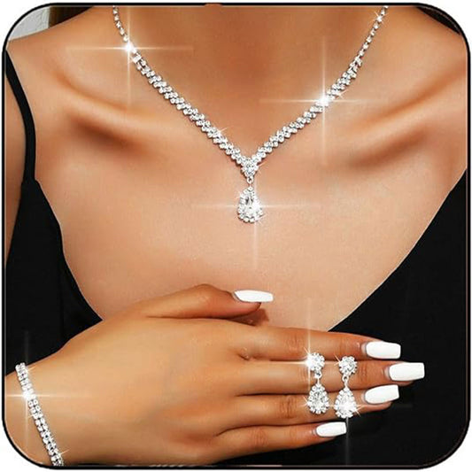 Silver Elegant Pear Crystal Jewelry Set