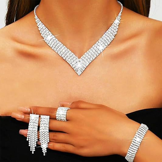 Modern Rhinestone V-Necklace Set (4pc)