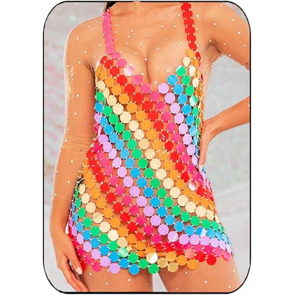 Vibrant Rainbow Sequin Slip Dress for Parties