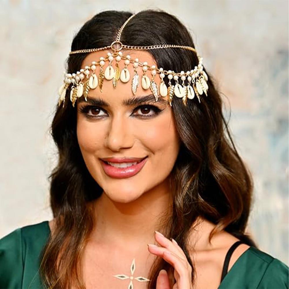 Boho Head Chain with Feather, Shell & Pearls: Layered
