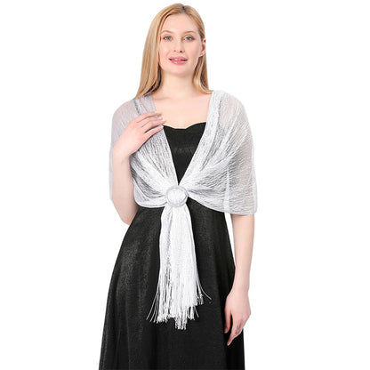 White Elegant Metallic Shawl with Fringe for Parties