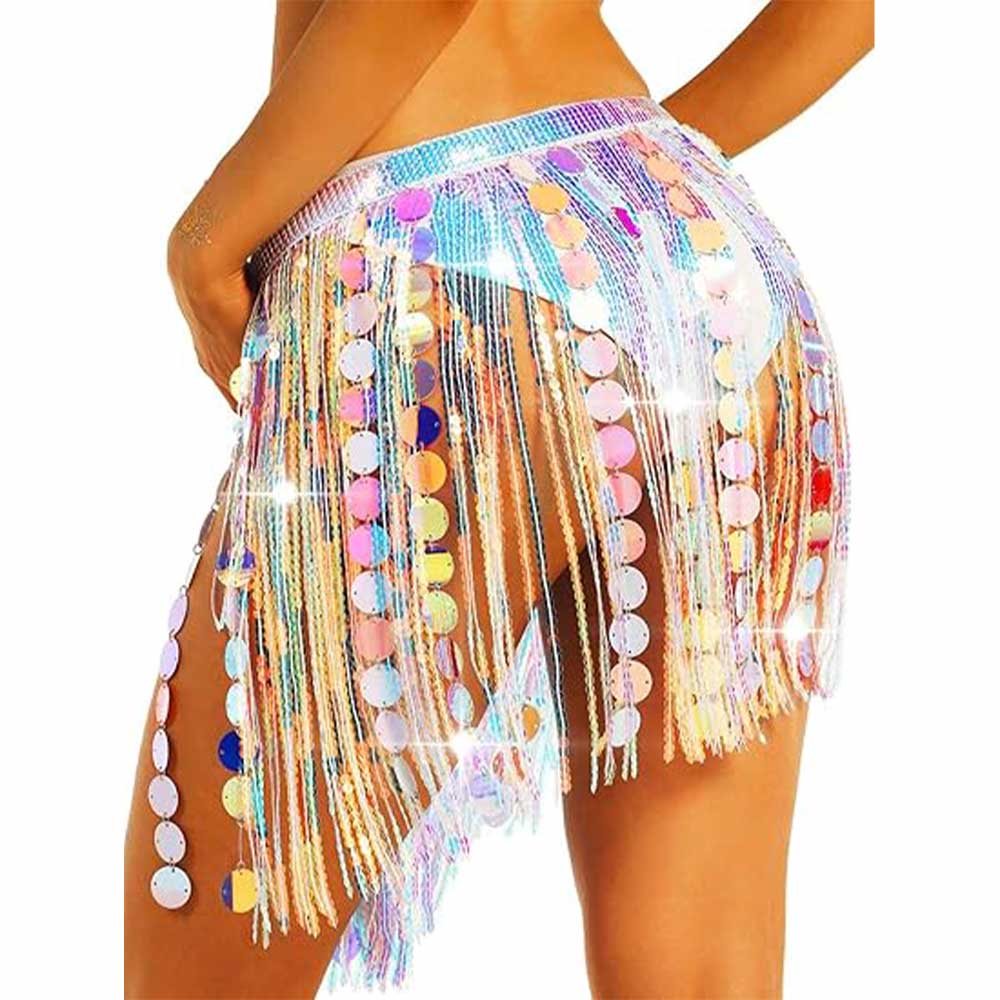 Rainbow Mirror Sequin Fringe Party Skirt