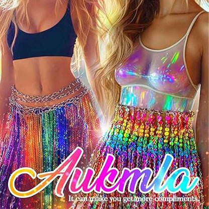 Sexy Rainbow Sequin Fringe Dance Skirt