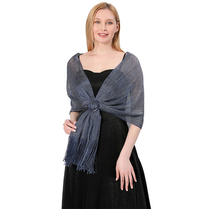 Navy Blue Elegant Metallic Shawl with Fringe for Parties
