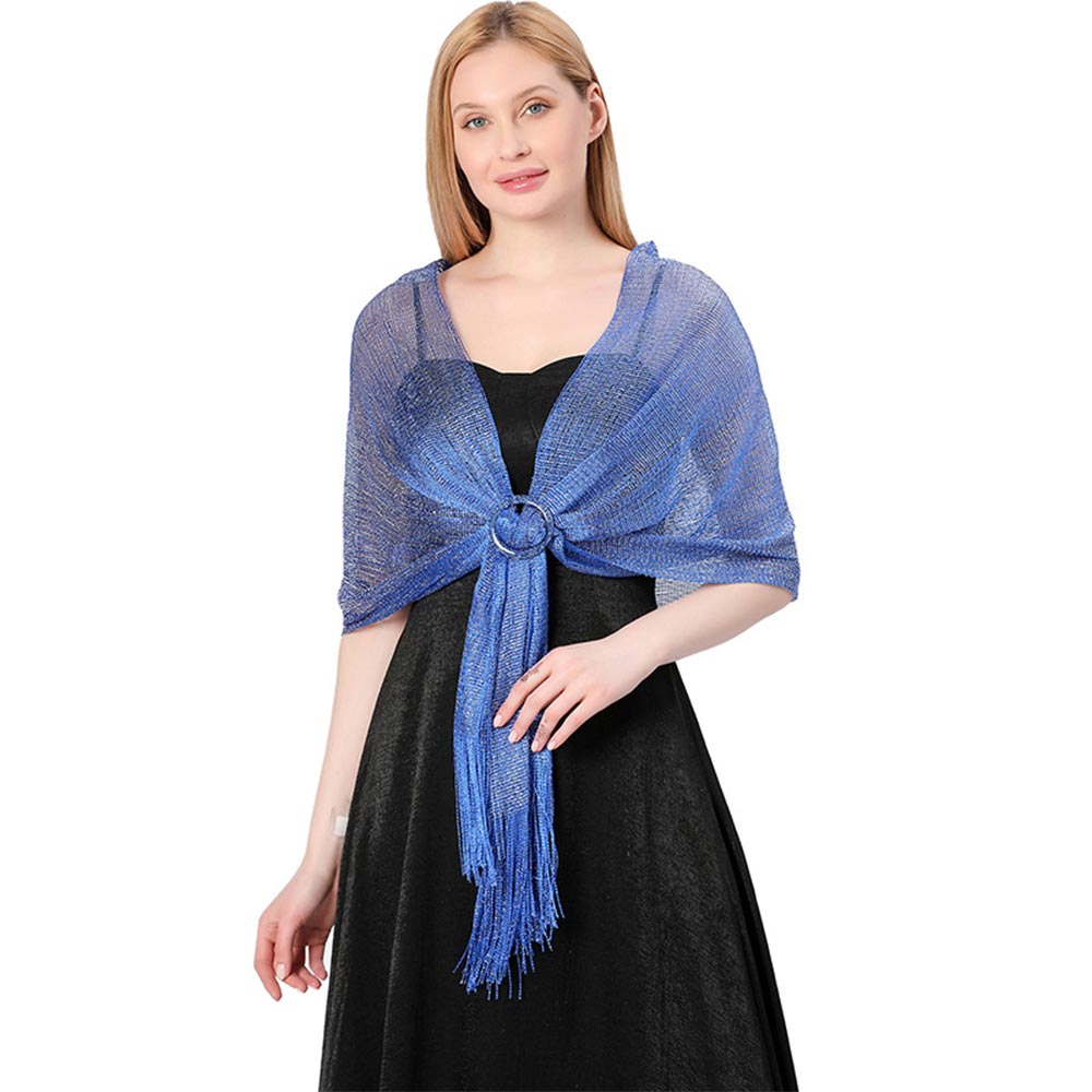 Royal Blue Elegant Metallic Shawl with Fringe for Parties