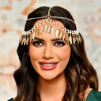 Elegant Boho Head Chain with Feathers & Pearls