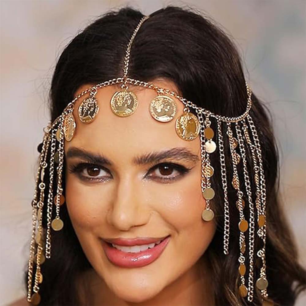Gold Head Chain: Ancient Goddess Coins & Tassels