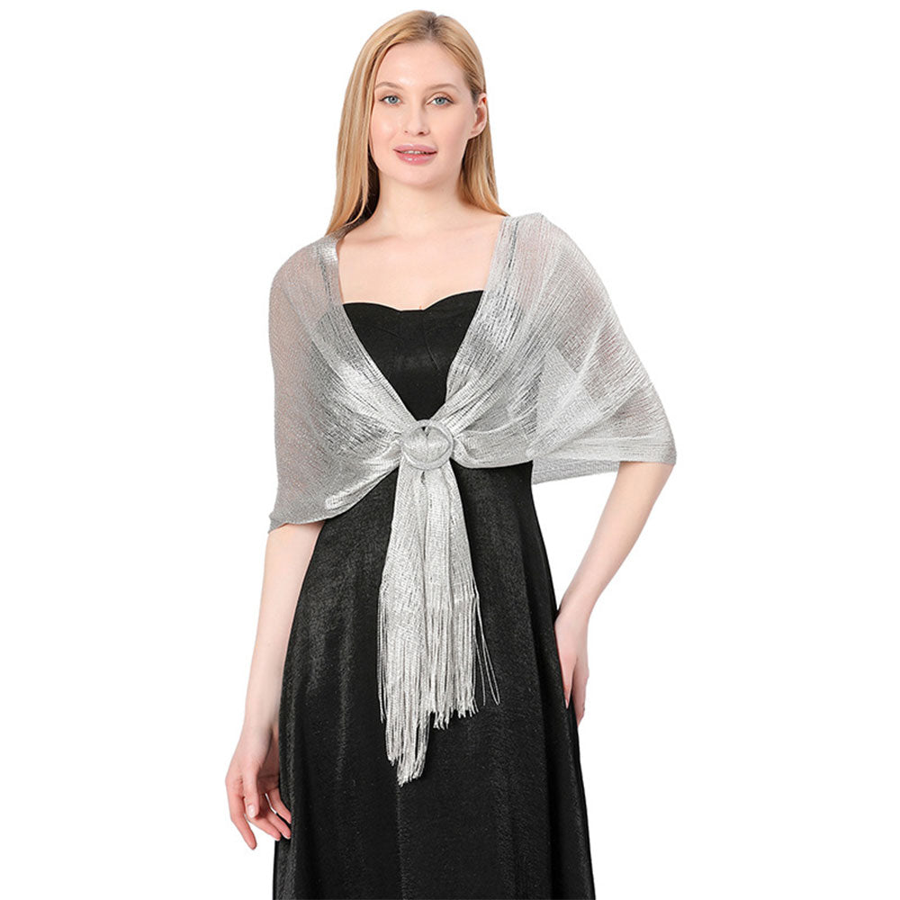 Silver Elegant Metallic Shawl with Fringe for Parties