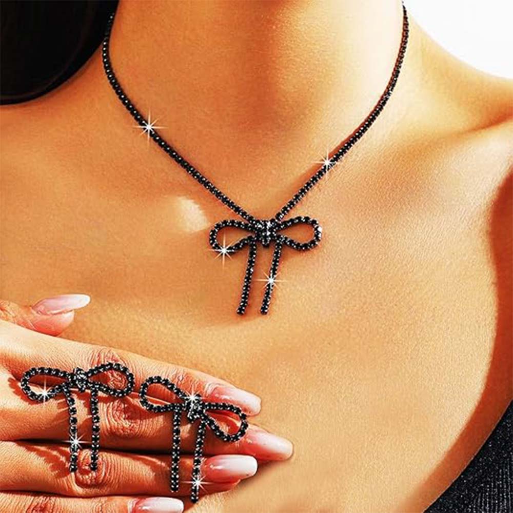Sweet Bow Crystal Necklace Earring Set